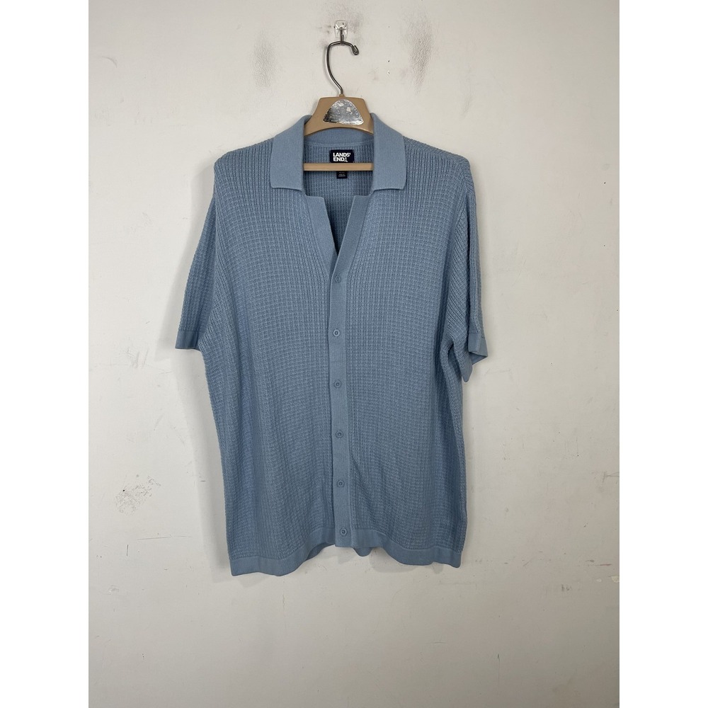 Lands End Mens Polo Sweater Large Blue Waffle Knit Button Up Preppy‎ Retro